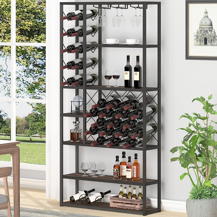 Rustic Wine Rack Freestanding Floor Industrial Modern Wine Bakers Rack Farmhouse Wood And Metal Wine Bar Cabinet With Wine Storage And Glass Holder